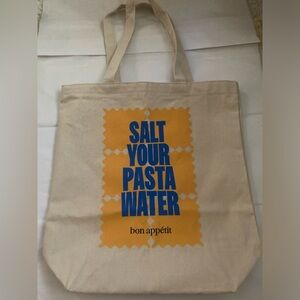 Bon Appétit Canvas Tote Bag “SALT YOUR PASTA WATER” in Blue and Orange Print